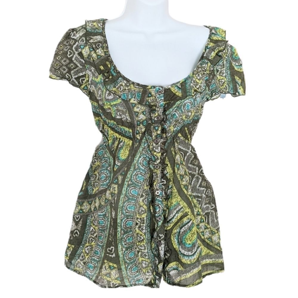 Ruffle cotton silk top abstract print green Large @K1